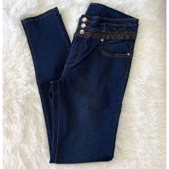 MINERVA CLOTHING Denim - MINERVA CLOTHING Women's Jeans Sz 9 Navy 3 Pockets Stretch Embroidery Rhinestone